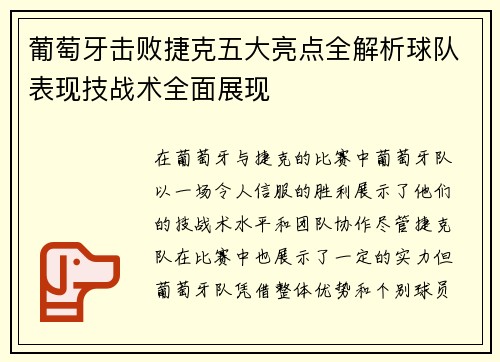 葡萄牙击败捷克五大亮点全解析球队表现技战术全面展现
