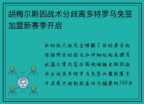 胡梅尔斯因战术分歧离多特罗马免签加盟新赛季开启 胡梅尔斯因战术分歧离多特罗马免签加盟新赛季开启
