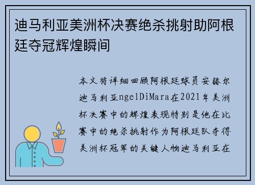 迪马利亚美洲杯决赛绝杀挑射助阿根廷夺冠辉煌瞬间